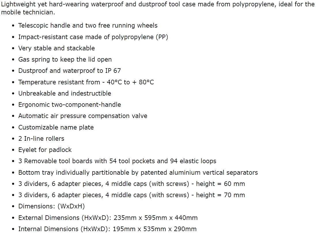 מזוודת טכנאים טרולי לכלי עבודה BW INTERNATIONAL JUMBO 6700 TEXT